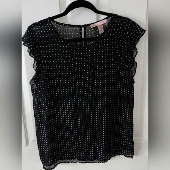 Polka Dot Sheer Blouse Ruffle cap sleeves in Black&white Romantic sheer Sz L - Picture 1 of 6